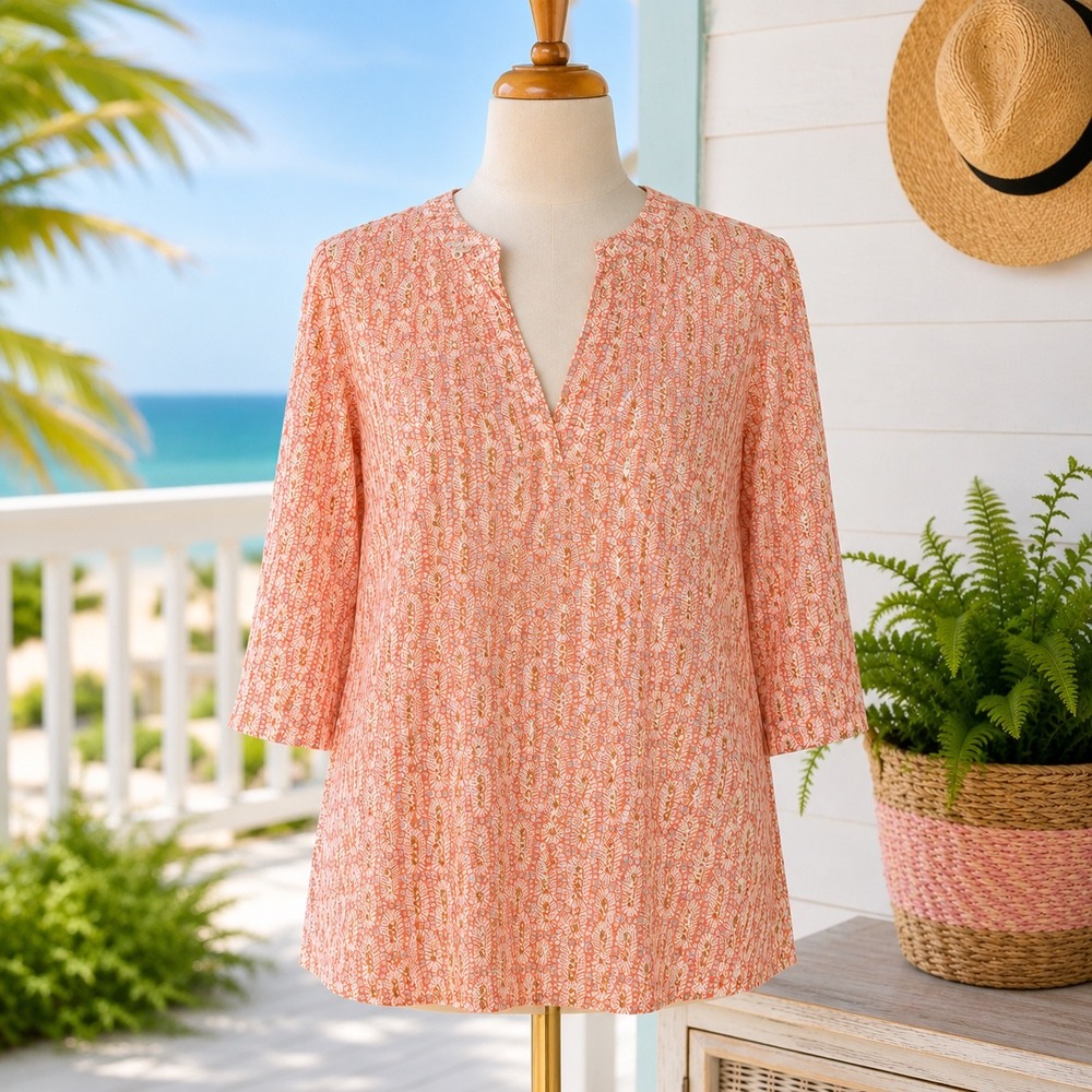 John Robshaw‎ Tunic Top Womens Small Orange Boho Block Print Cotton 3/4 Sleeve